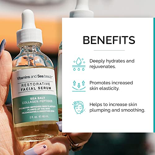 Vitamins and Sea Beauty Sea Salt and Collagen Peptides Serum, Anti-Aging Firming, Plumping, Smoothing Face Serum for Fine Lines and Wrinkles, Sagging Skin, 2 Fl Oz