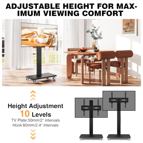TVON Black Wooden Base Rolling TV Stand for 32-70 Inch TVs, Swivel & Height Adjustable