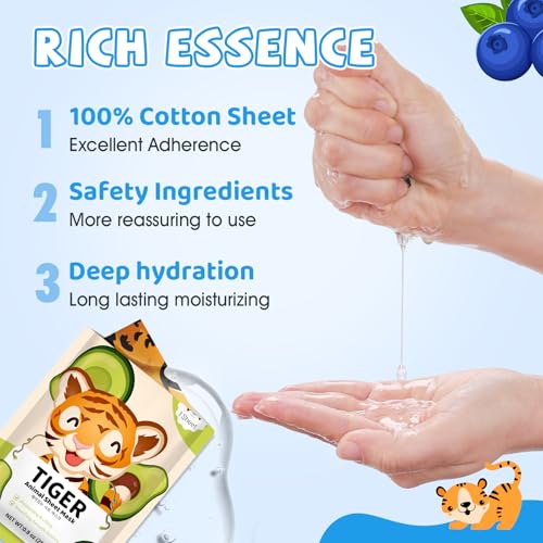 Kids Animal Face Masks Set - Hydrating & Moisturizing 56 Pack with 7 Characters - H-56 Pack