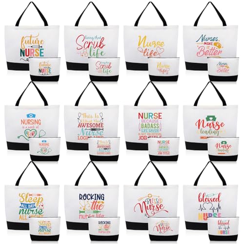 Paterr 24 Pcs Christmas Nurse Appreciation Gifts Bulk, Thank You Cna Canvas Tote Bags Makeup Cosmetic Bag with Handles