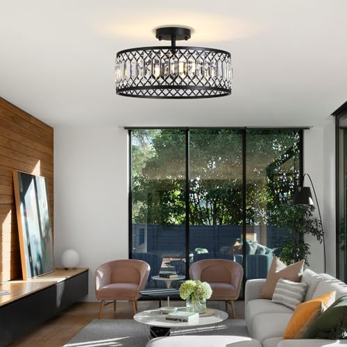 16-inch Black Crystal Ceiling Light with 3 E26 Sockets Modern Semi-Flush Mount Fixture for Living Room Bedroom Kitchen