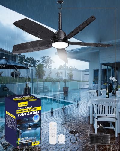 Outdoor Ceiling Fan with Light & Remote - 36 Inch, Black, IP65 Waterproof