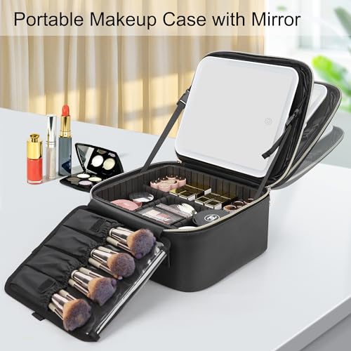 Relavel Travel Makeup Bag with LED Lighted Mirror, Black, Small Edition