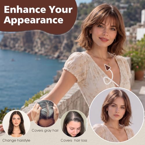 Rich Choices Human Hair Topper with Bangs, 10 Inch, Medium Brown & Dark Blonde Highlight