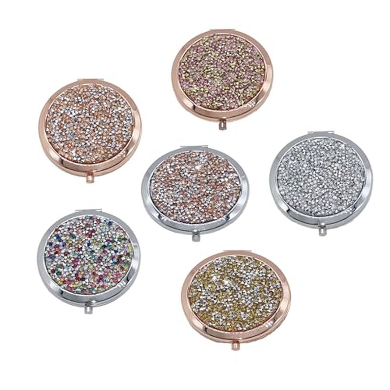 6 PCS Rhinestone Double-Sided Mirror Portable Small Mirror Folding Pocket Makeup Round Hand Makeup Magnifying Glass Women's/Girls Travel Gift (Mixed Colors)