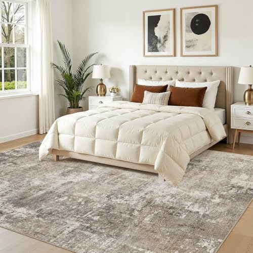 9x12 Rectangular Area Rug - Abstract Washable Living Room Carpet in Gold, Brown & Grey - Non-Slip Backing