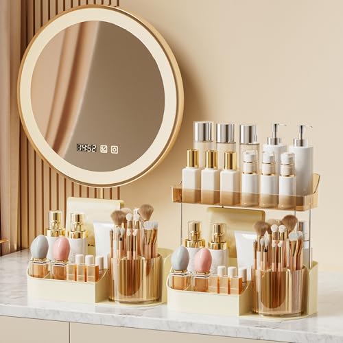 DASITON Cream 2-Tier Large Capacity Rotating Makeup Organizer with Brush Holder