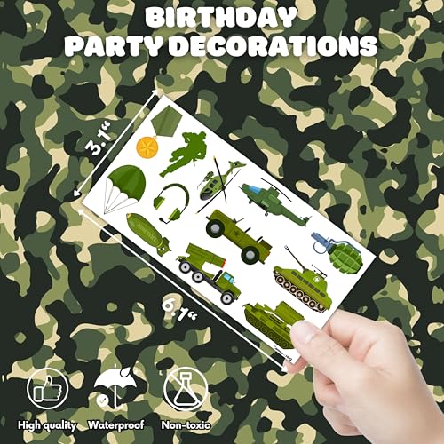 96 PCS Military Camouflage Temporary Tattoos Themed Army Birthday Party Decorations Supplies Favors Decor Camo Soldier Tank Helicopter Tattoo Stickers Gifts For Kids Adults Boys Girls Prizes Carnival