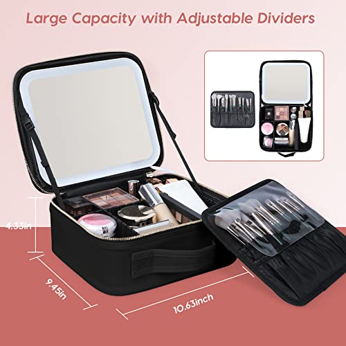 Gdsshuhung Black Makeup Bag with Mirror & LED Light - Travel Cosmetic Organizer