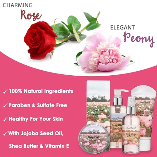 Spa Gift Baskets For Women - Luxury Bath Set With Rose Oil & Peony - Spa Kit Includes Body Wash, Bubble Bath, Lotion, Bath Salts, Body Scrub, Body Spray, Shower Puff, and Towel