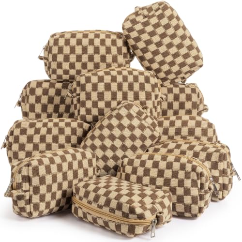 Gilprop 12 Pcs Checkered Makeup Bags Small Cosmetic Pouches Brown Set