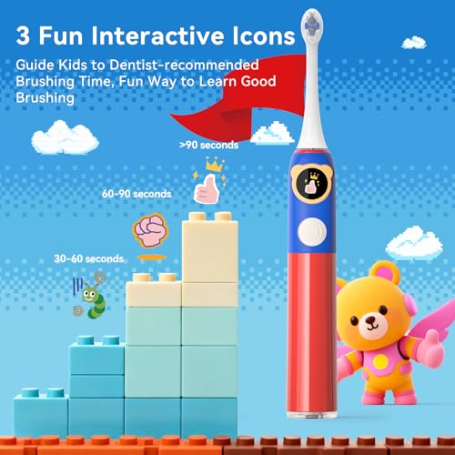 Kids Electric Toothbrush with Pressure Sensor - Rechargeable, 8 Heads, Red