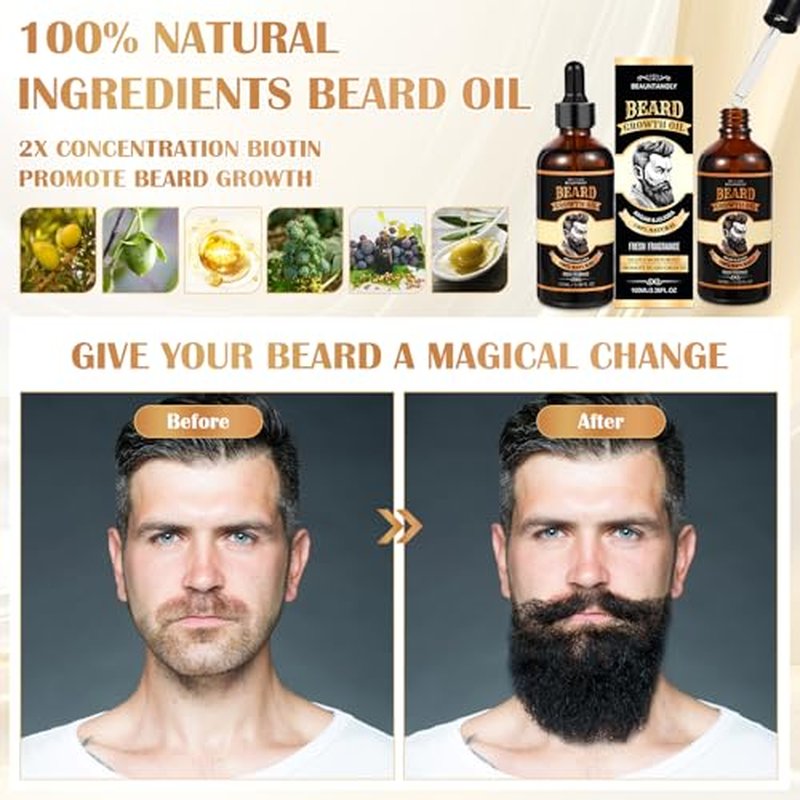 2 PACK Beard Growth Oil for Men, 100% Natural Beard Oil with Argan Oil, Jojoba Oil, Castor Oil - 6.76 FL/200ML Fresh Fragrance Beard Conditioner Softens, Nourishes,Strengthens, Promotes Beard Growth