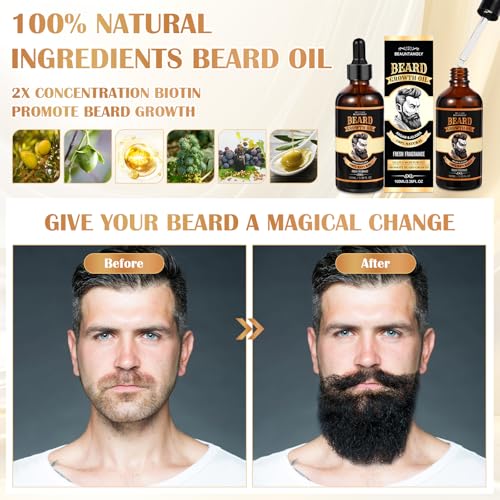 Beard Growth Oil for Men, 100% Natural Beard Oil with Argan Oil, Jojoba Oil, Castor Oil - 3.38 FL/100ML Fresh Fragrance Beard Conditioner Softens, Nourishes,Strengthens, Promotes Beard Growth
