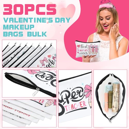 Teacher Appreciation Gift Makeup Bags - Bulk 30 Pcs Canvas Zippered Pouches with Valentine's Day Theme