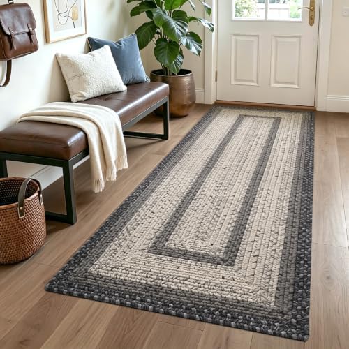 Braided Farmhouse Hallway Runner Rug 3x7 Black Ivory Non Slip Durable