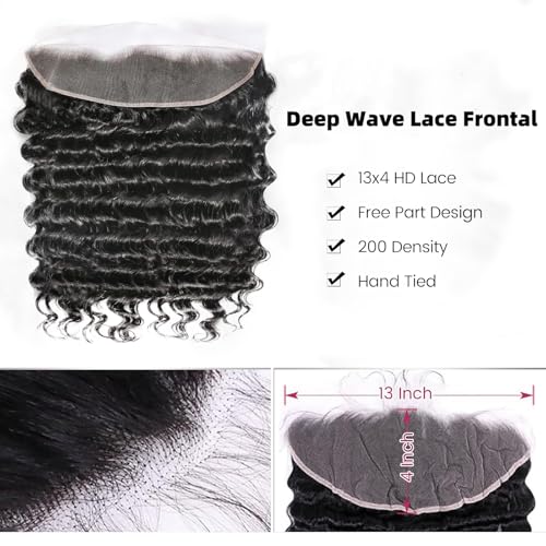 Black Deep Wave 13x4 HD Lace Frontal 12 Inch Human Hair, Pre Plucked, Natural Black