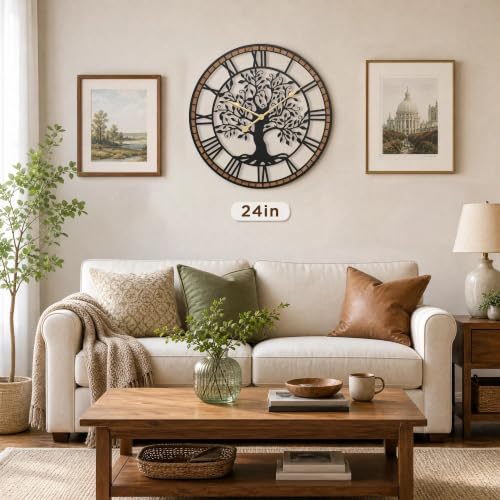 Large Wall Clock 24 Inch Tree of Life Rustic Farmhouse Decor - Battery Operated