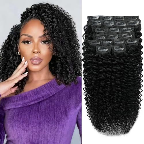 CALNESHIA 1B 14 Inch Curly Clip-In Hair Extensions Human Hair Black Women 110g