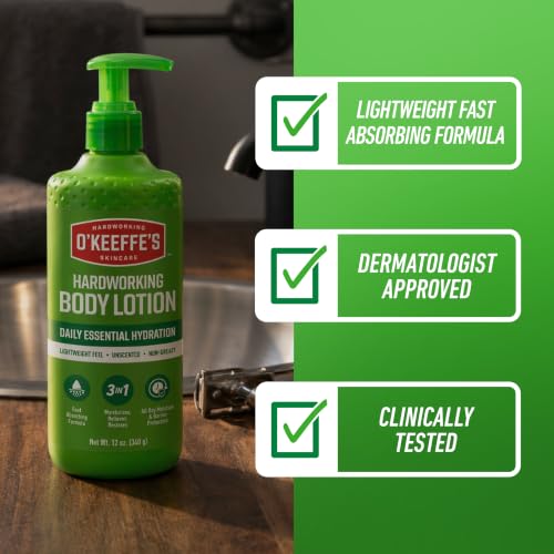 O'Keeffe's Hardworking Body Lotion 12 oz Pump - 2 Pack, Fragrance-Free, Hydrating for Dry Skin