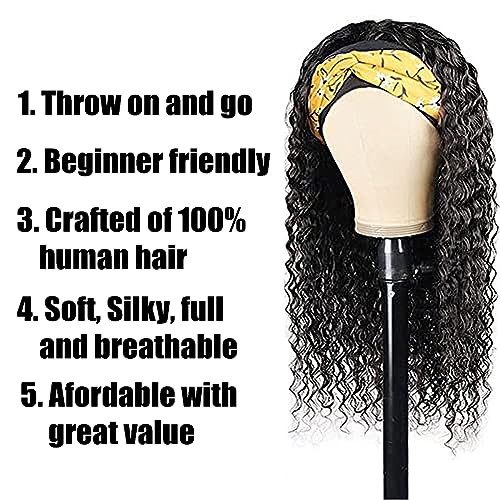 Black 12-Inch Short Curly Human Hair Headband Wig for Women
