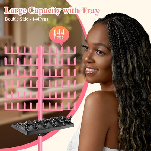 Pink Braiding Hair Rack with Tray - Adjustable 144 Pegs Hair Extension Organizer