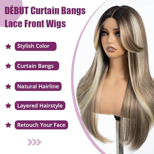 Ombre Brown Highlight Light Blonde Layered Wigs with Curtain Bangs - 26 Inch Synthetic Lace Front Wig for Women