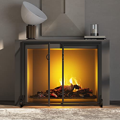Fire Beauty Hinged Double Door Fireplace Mesh Guard L37.8xW30.7 inch