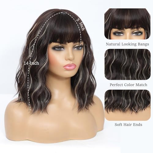 Veally Blonde Highlight Bob Wig with Bangs - Short Brown and Blonde, Natural Look, Synthetic Heat-Resistant Fiber, Variation: Brown Mixed Blonde