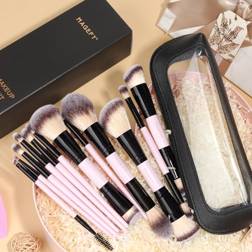 MAGEFY Pink 12-Piece Makeup Brush Set with Bag - Double-Ended Face & Eye Brushes