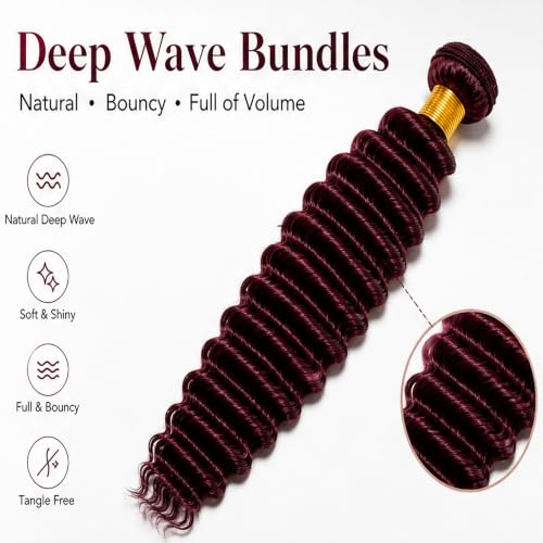 Burgundy Deep Wave Human Hair Bundles - 3 Pack 10/12/14 Inch - Burgundy #99J Variation D