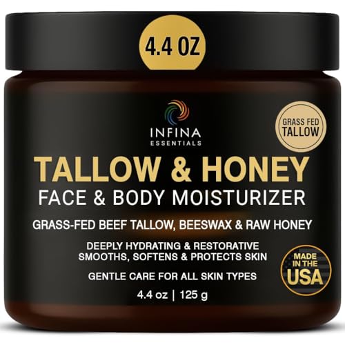 Beef Tallow for Skin with Raw Honey ? Grass Fed Beef Tallow Face & Body Moisturizer - Balm Style Hydrating Cream with Beeswax & Olive Oil for Dry Skin, Hands & Feet ? 4.4 oz