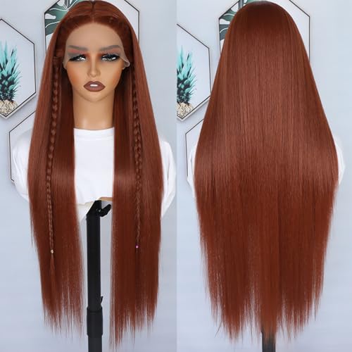 30 Inch Reddish Orange Lace Front Wig for Black Women - Long Straight, Pre Plucked, Glueless, Heat Resistant Synthetic Hair, Natural Hairline - Variation #AReddish Orange