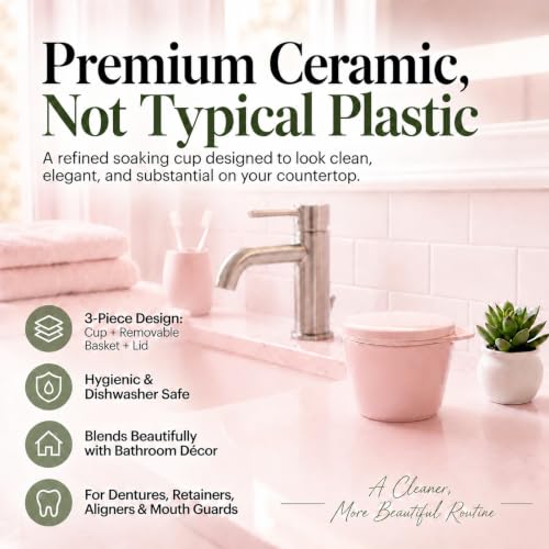 Pink Ceramic Denture Cleaning Cup with Lid & Removable Basket - Hygienic Soaking Container