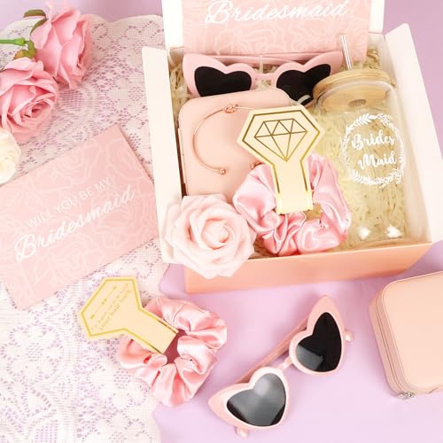 9 Pcs Bridesmaid Proposal Gifts - Will You Be My Bridesmaid Kit with Elegant Box Jewelry Box Glass Cup Invited Cards Knotted Bracelets Sunglasses Scrunchies Raffia Grass (Pink)