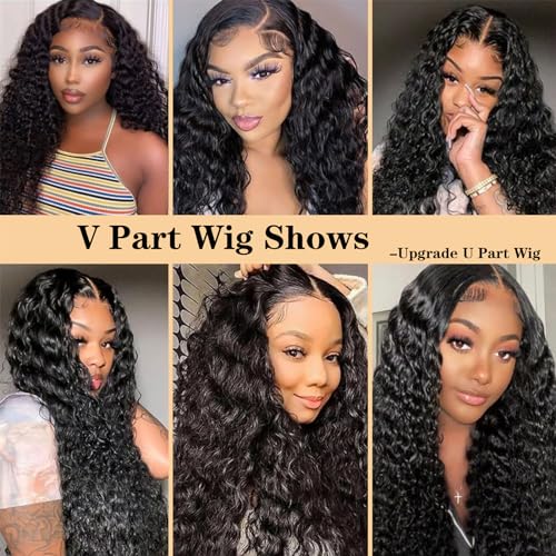18 Inch Deep Wave Human Hair Wig V Part Glueless No Leave Out for Women - Multi Black
