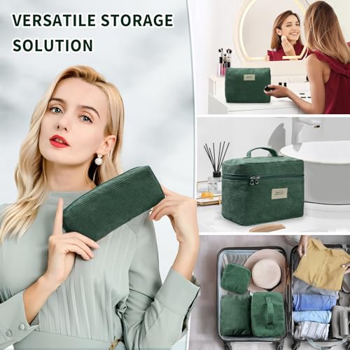 LVWNM Green 4-Piece Corduroy Makeup Bag Set for Women, Travel & Organizer