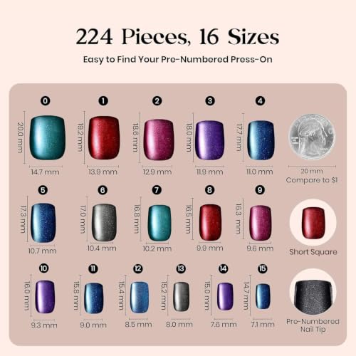 Galaxy Cat Eye Nails Short Square Press On Nails - 7 Colors, 224 Pcs, Variation 1