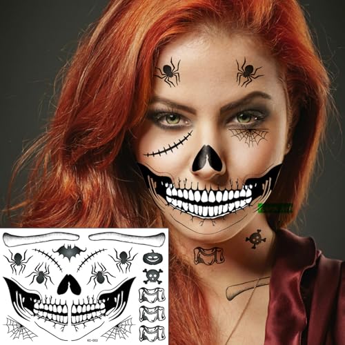 4 Sheets Scary Halloween Face Skull Decals Temporary Tattoos For Men Women Horror Skeleton Mouth Sticker Spider Web Fool's Day Zombie Bat Scar Makeup Kit for Kids Adults(KC4)