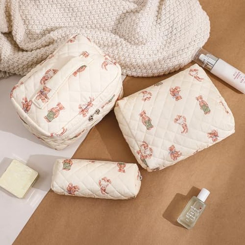 3 Pcs Quilted Cotton Makeup Pouch, Coquette Floral Quilted Toiletry Makeup Bag for Women and Girls, Aesthetic Travel Organized Cosmetic Bags(03Bear Pattern)