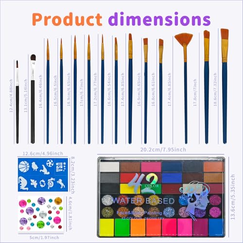 Professional Face Painting Kit, Water-Based Non-Toxic Makeup Set with Stencils, Gems, Brushes for Halloween, Carnival, Parties, School Events, Festivals (42 Colors)