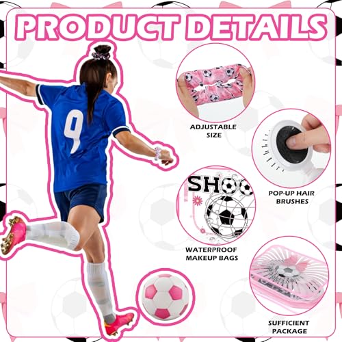 Pink Bow Soccer Gifts Set for Girls – Makeup Bag, Hair Scrunchies & Folding Brush – Sports Party Favors