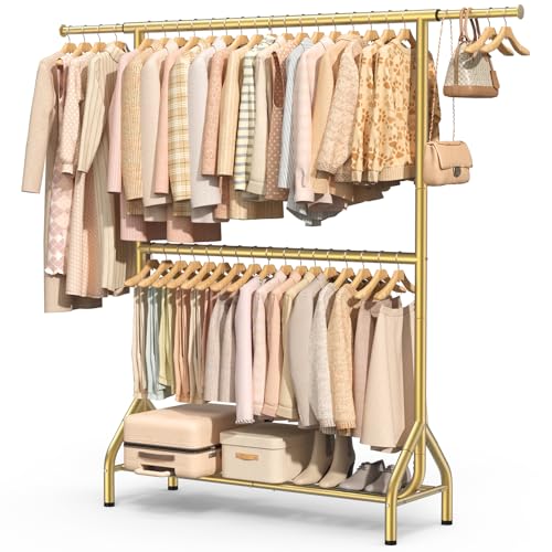 Heavy Duty Gold Clothing Rack with Double Rod & Shelves, 622 lbs Capacity, 82.68 Inch Tall Garment Organizer
