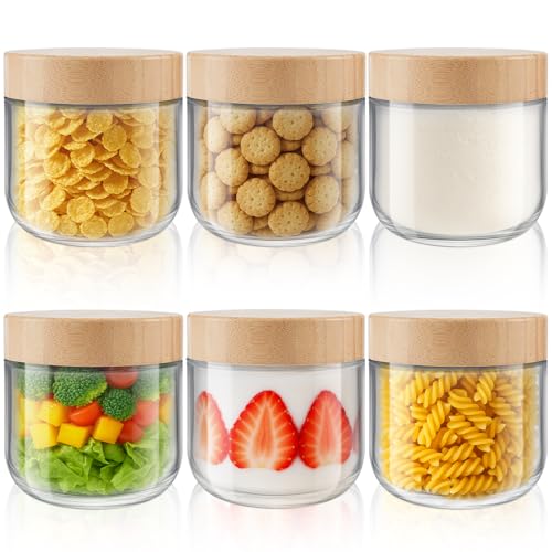 Tecohouse Chia Pudding Jars with lids, 6 Pack 12 OZ Overnight Oats Containers with Bamboo Lids, Mason Glass Cosmetic Jars with Airtight Lids For Salad, Meal Prep, Snacks, Spice, Suger, Yogurt