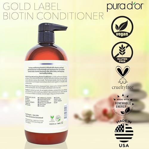 PURA D'OR Deep Moisturizing Biotin Conditioner Thickens, Softens, & Moisturizes Dry, Frizzy, Damaged Hair w/Argan Oil, Pumpkin, Rosemary, Honeysuckle, Vitamin E, Men & Women, 24oz