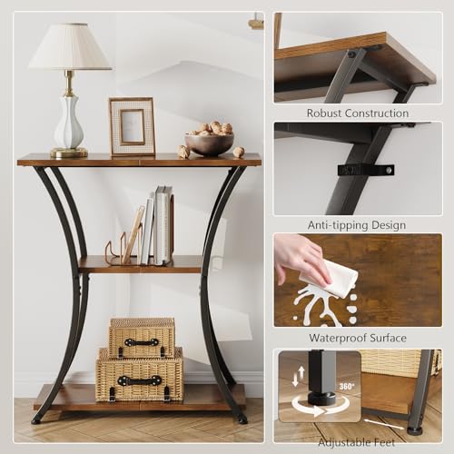 Rustic Brown 3-Tier Console Table with Open Shelves - Narrow Entryway Sofa Foyer
