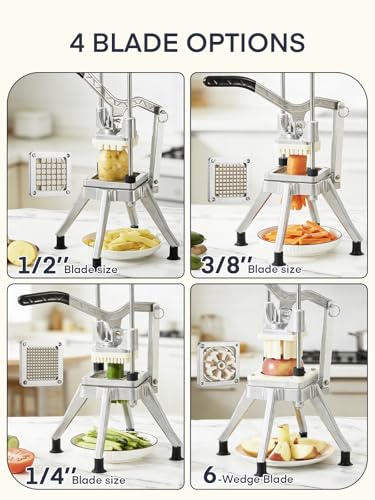 Heavy-Duty French Fry Cutter with 4 Interchangeable Blades for Potatoes & Veggies