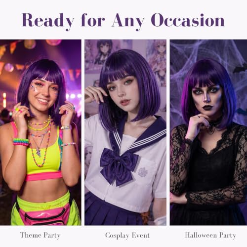 Purple Short Bob Wig with Bangs for Women - Halloween & Cosplay Costume