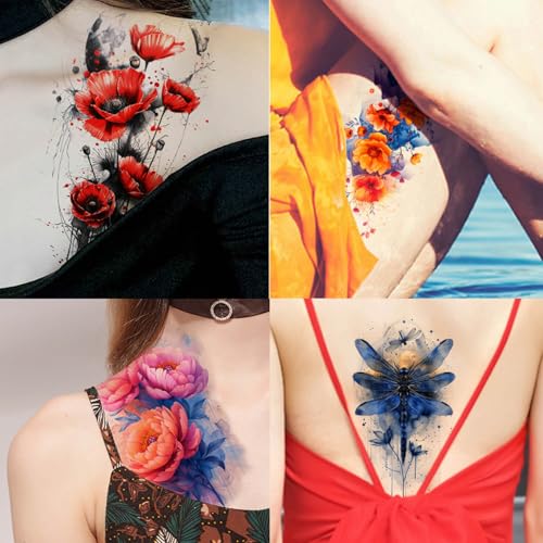 GLARYYEARS Temporary Tattoos for Women, 24-Pack Large Fake Tattoos, Long-lasting Animal Tattoos, Butterfly Flower Dragonfly Design Variety Pack Realistic Tattoos 3D, Sexy on Half Arm Leg Back Body