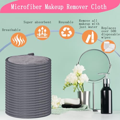 Large Reusable Makeup Remover Pads for Face, Soft Microfiber Makeup Remover Cloths Washable, Premiun 5 INCH Face Cleaning Pad with Laundry Bag, 24 Pack Grey